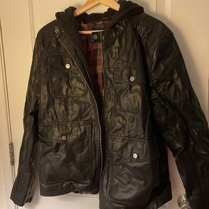 Mens Black Guess Hooded Leather jacket - Size Medium
